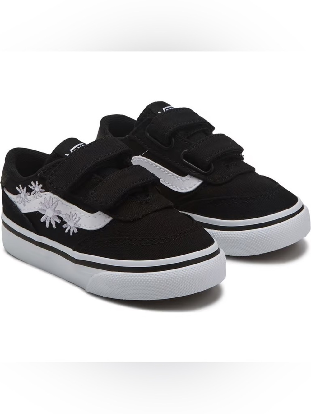 Vans Kids Black Canvas Velcro Sneakers with White Stripe and Daisy Detail